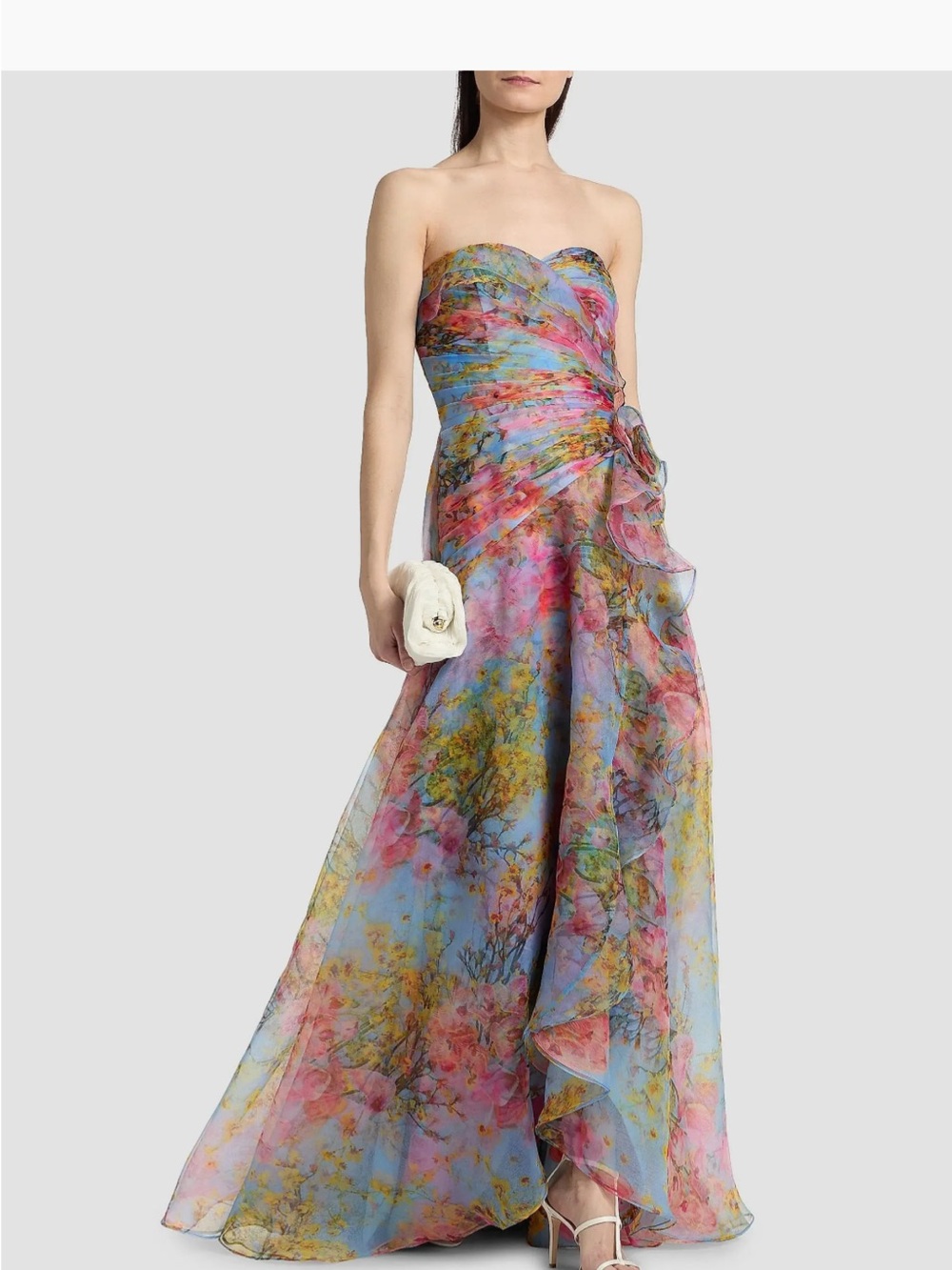 Theia Eloise Strapless Watercolor Floral Chiffon Gown High Low Gown